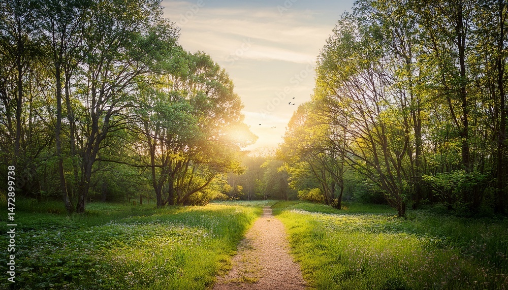 Fototapeta premium forest path field nature trees road through woods serene scene design offers peaceful art vibe