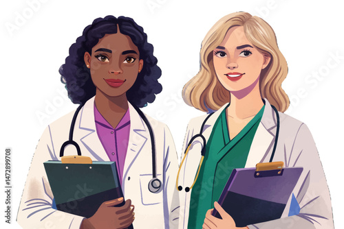 Confident female doctor in white coat holding medical records, symbolizing healthcare expertise vector, professionalism, and trust, isolated on white background