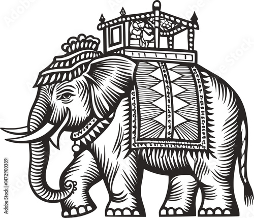 A black and white illustration of an ornate Indian elephant carrying a howdah with figures inside.