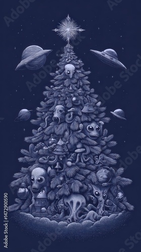 Mysterious Christmas tree decorated with extraterrestrial beings.