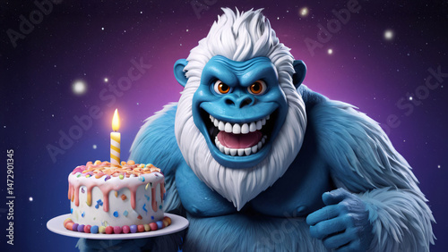 A yeti is joyfully holding a birthday cake, complete with a lit candle on top