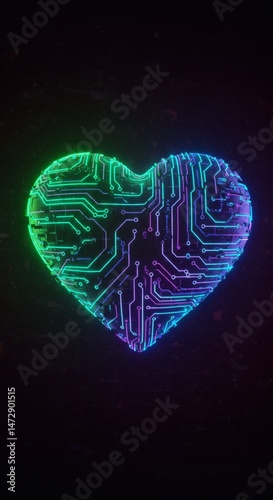 Circuit board heart technology love digital valentine's day tech neon green blue purple design art