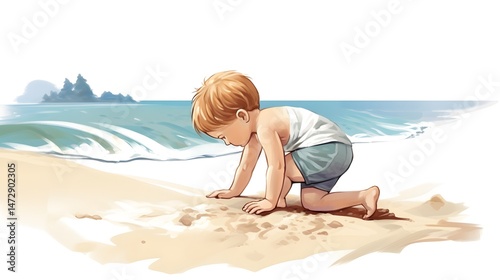 Adorable infant boy crawling on sand towards ocean wave - Outdoor baby activity
