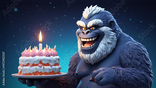 A cheerful gorilla is excitedly holding a birthday cake with a lit candle on it
