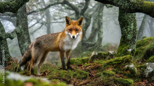   Red fox in a moss-covered forest with trees in the background