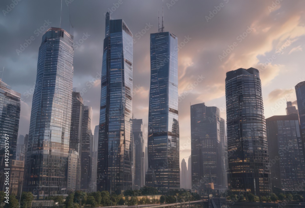 Naklejka premium Time-lapse of sleek skyscraper rising, city skyline backdrop, construction, foundation