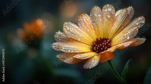 A close-up of a yellow flower with water droplets on its petals and green leaves in the background is an image It may be enhanced by cropping to focus more on the
