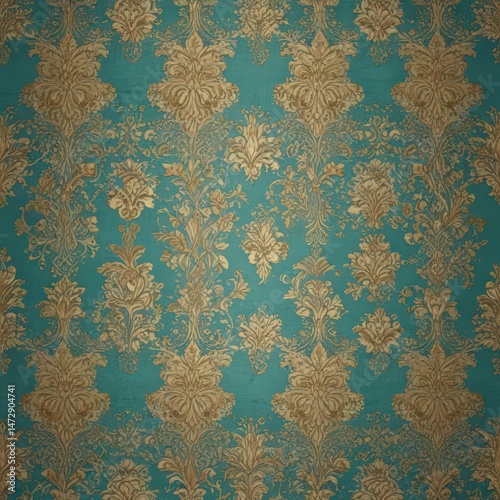 Intricate gold and turquoise damask wallpaper, seamless repeat pattern ,  seamless,  shine