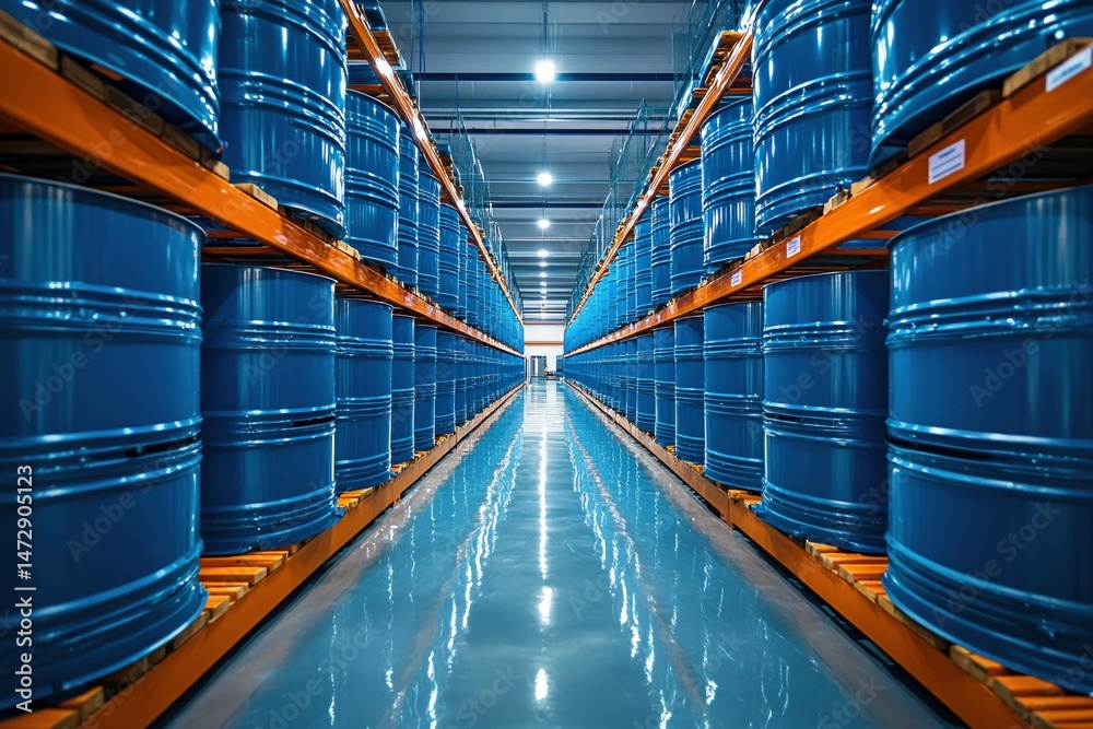 Fototapeta premium Industrial storage facility with rows of blue metal barrels organized on orange shelving, reflecting on polished floor, manufacturing supply concept