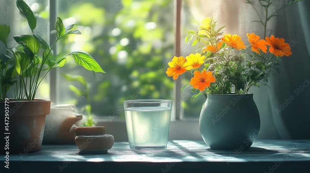 Fototapeta premium Bright indoor arrangement of fresh flowers and water glass on sunny windowsill