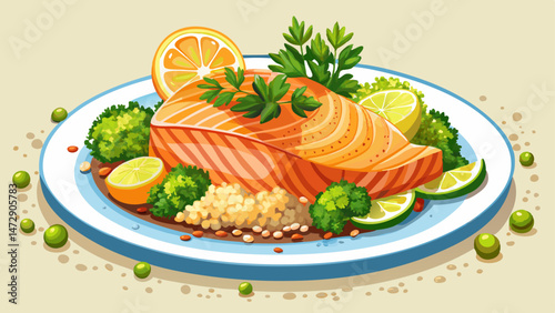 Fresh caught salmon fillet served atop a bed of fluffy quinoa and surrounded by a medley of steamed vegetables, garnished with a sprinkle of fresh parsley and a squeeze of  , Very beautiful
