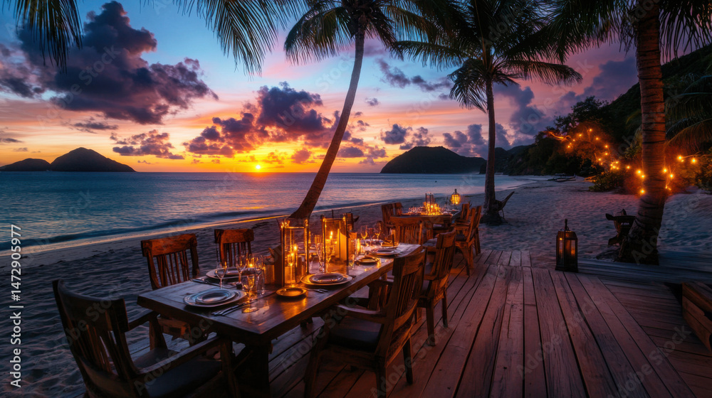 Fototapeta premium Sunset Romance: Beachside Dinner on Wooden Deck with Candles and Sea View