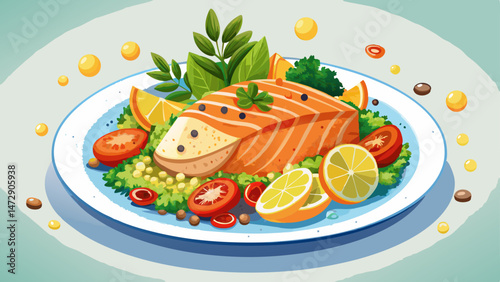 Fresh caught salmon fillet served atop a bed of fluffy quinoa and surrounded by a medley of steamed vegetables, garnished with a sprinkle of fresh parsley and a squeeze of  , Very beautiful