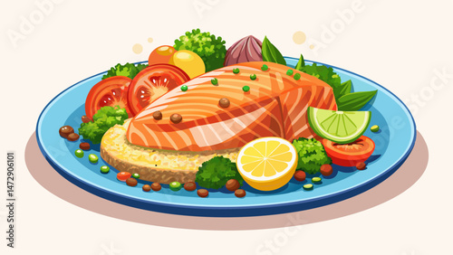 Fresh caught salmon fillet served atop a bed of fluffy quinoa and surrounded by a medley of steamed vegetables, garnished with a sprinkle of fresh parsley and a squeeze of  , Very beautiful