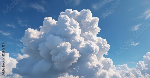 Fluffy white cumulus cloud floats serenely against a vibrant azure sky ,  nature,  photo,  space