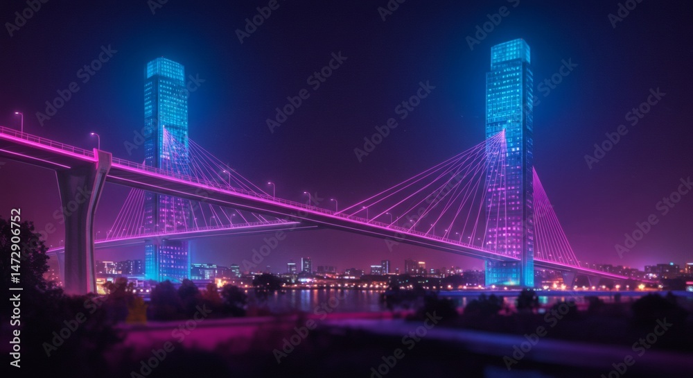 Naklejka premium Neon city skyline bridge at night with cyber punk futuristic architecture and river view landscape scene