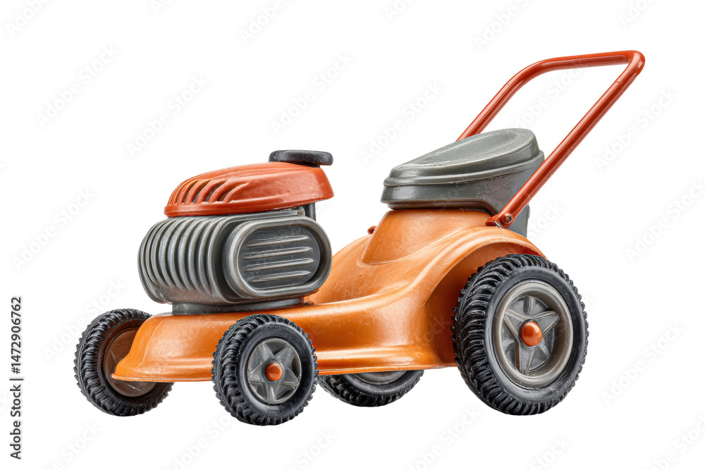 Fototapeta premium PNG Orange and gray toy lawnmower with four black wheels