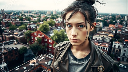 Cityscape with Intense Blue Eyes