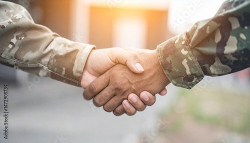 Military Agreement - a Firm Handshake Between Two High-Ranking Generals in Tactical Attire