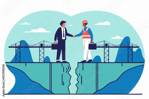 Two men, one in a suit and the other in construction attire, shake hands over a chasm with a bridge under construction in the background.