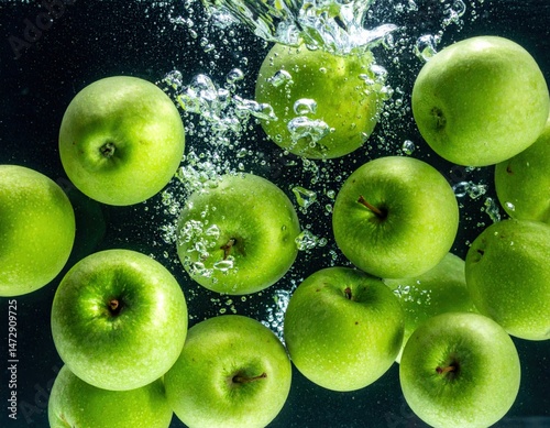 High Resolution Close-up of fresh organic bright green apples being dropped in fresh transparent water, generate 50 keywords for stock photage selling