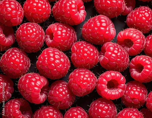 Ultra-detailed macro close-up of fresh organic raspberries, vibrant red berries perfect for healthy eating, backgrounds, and food photography