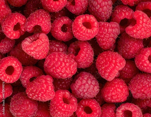 Ultra-detailed macro close-up of fresh organic raspberries, vibrant red berries perfect for healthy eating, backgrounds, and food photography
