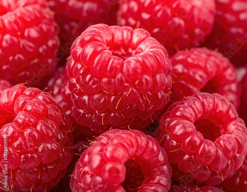 Ultra-detailed macro close-up of fresh organic raspberries, vibrant red berries perfect for healthy eating, backgrounds, and food photography