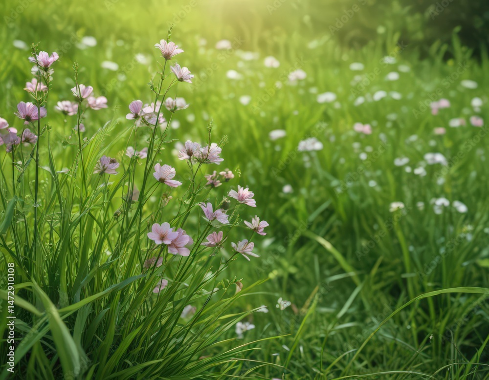 Fototapeta premium Close-up of delicate June blossoms amidst lush green grass , macro photography, plant, floral