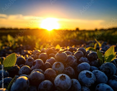 Golden sunset over fresh organic blueberries in the field, vibrant close-up capturing nature’s harvest, health, and summer abundance