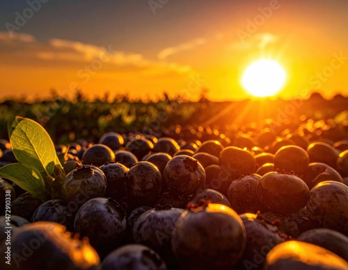 Golden sunset over fresh organic blueberries in the field, vibrant close-up capturing nature’s harvest, health, and summer abundance
