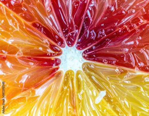 Ultra-detailed macro close-up of vibrant citrus fruit texture, high contrast and clarity, showcasing colorful juicy segments for backgrounds and design