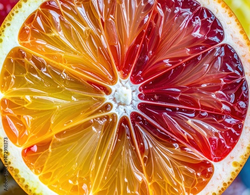Ultra-detailed macro close-up of vibrant citrus fruit texture, high contrast and clarity, showcasing colorful juicy segments for backgrounds and design