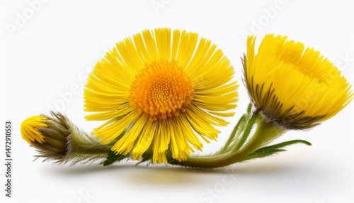 yellow coltsfoot flower blossoming on fuzzy green stem white isolated background highlighting delicate springtime botanical details