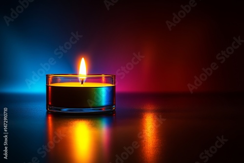 A single lit candle in a glass holder with rainbow-colored reflections, set against a dark background with multicolored light effects photo