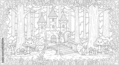 Enchanted Forest Castle Coloring Page Squirrel on Bridge, Mushrooms, Trees