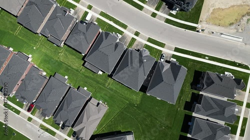 Aerial Birdseye Drone view over residential neighbourhood during the sunny day. Canada Toronto