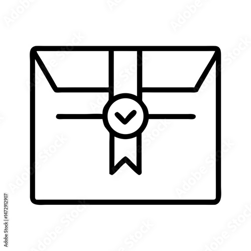 Sealed package with a ribbon and checkmark symbol for approval  