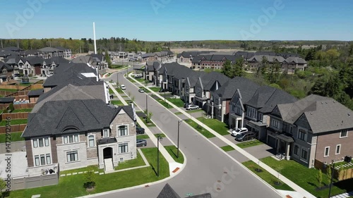 Aerial Drone footage of high end suburban residential neighbourhood. subdivision district
