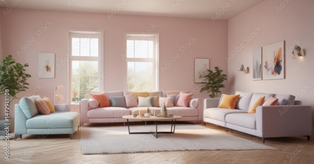 Fototapeta premium Pastel-colored living room with plush seating and natural light , accessories, natural light, peaceful