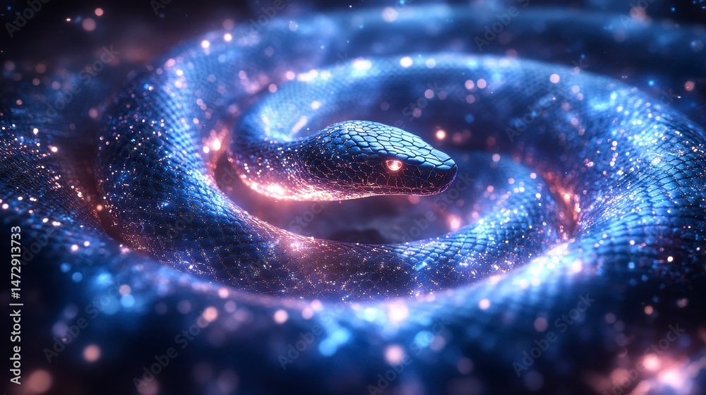 Coiled, glowing serpent with fiery eyes Coiled, glowing serpent with fiery eyes