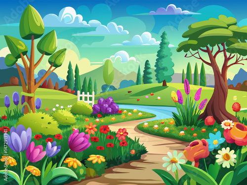 vector of Spring garden, green meadow, blooming flowers, cloudy sky, landscape design