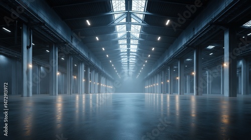 Industrial warehouse with concrete floors and steel beams, showcasing raw urban aesthetics and depth.