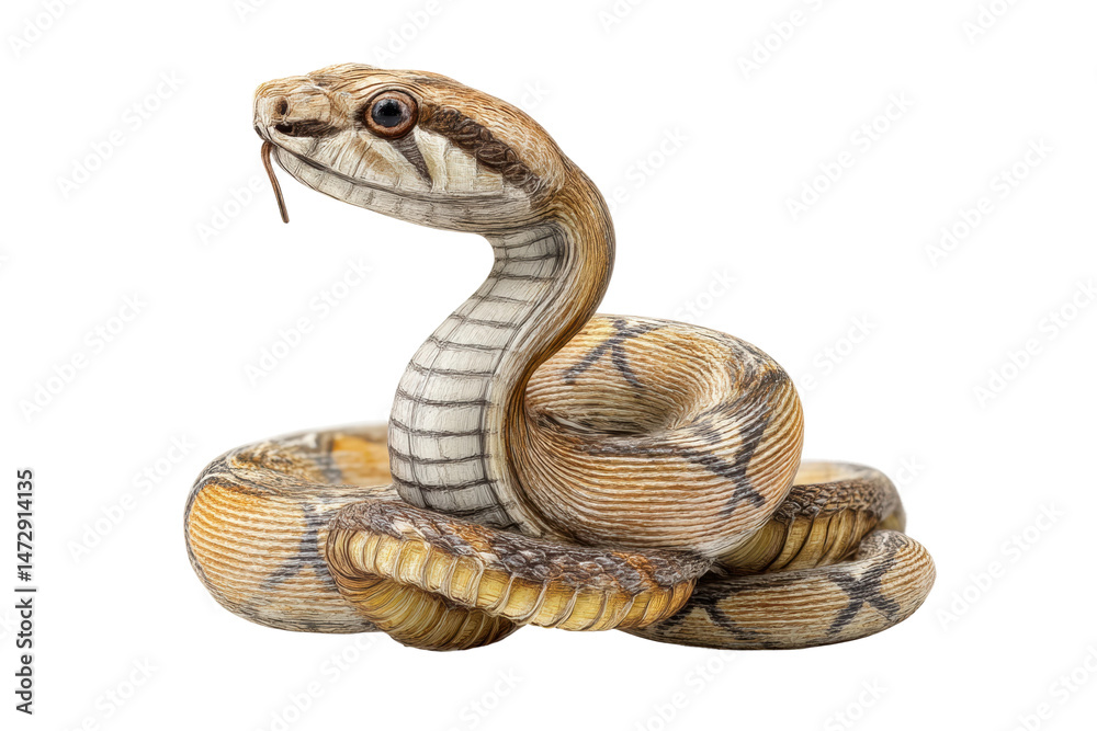 Fototapeta premium PNG Intricate wooden snake sculpture with detailed carvings against black background