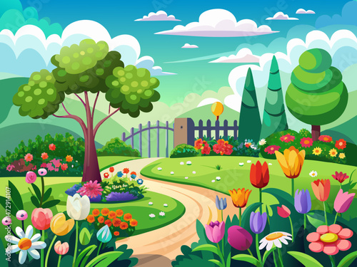 vector of Spring garden, green meadow, blooming flowers, cloudy sky, landscape design