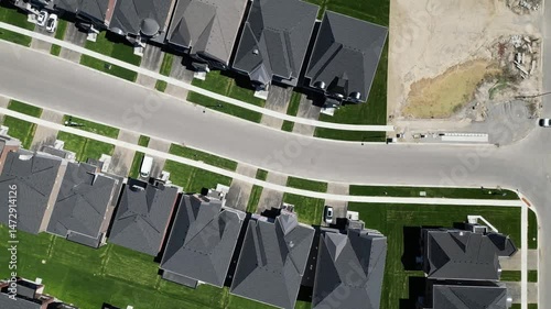 Aerial Birdseye Drone view over residential neighbourhood during the sunny day. Canada Toronto