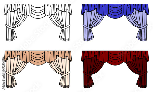 Theater drapes vector illustration, red, purple, beige curtains, isolated on white background