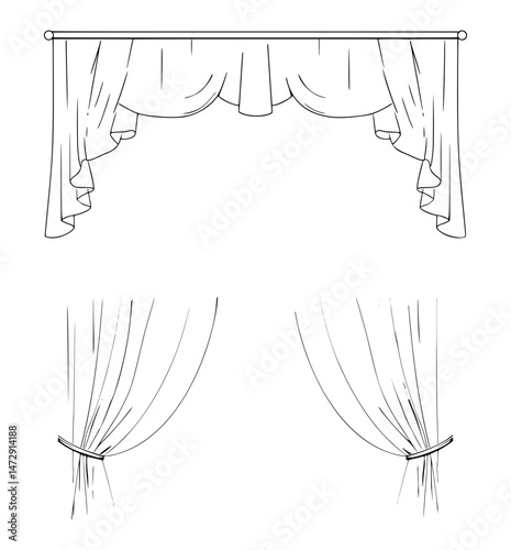 Vector sketch of curtains depicting a flowing draped elegant design