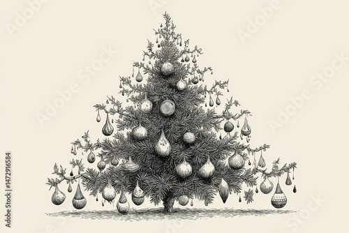 Vintage illustration of a decorated Christmas tree.