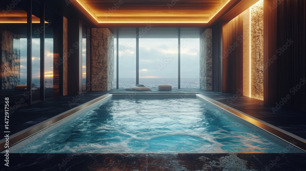 Fototapeta premium Sea View Swimming Pool in Modern Loft Design: Luxury Ocean Beach House 3D Rendering